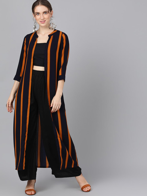 

AKS Women Navy Blue & Yellow Striped Open Front Jacket