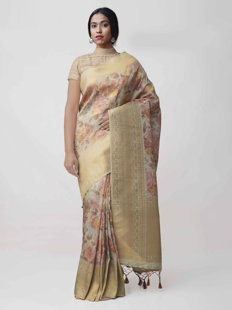 

Unnati Silks Green & Pink Silk Cotton Printed Banarasi Handloom Saree