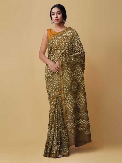 

Unnati Silks Green Dabu Printed Pure Chanderi Sico Saree