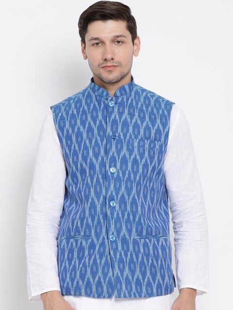 

VASTRAMAY Men Blue Woven-Design Pure Cotton Nehru Jacket