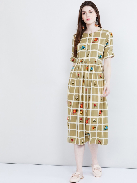 

max Women Green & White Floral Printed A-Line Dress
