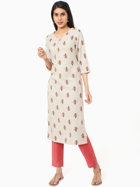

IMARA Women Beige Printed Straight Kurta