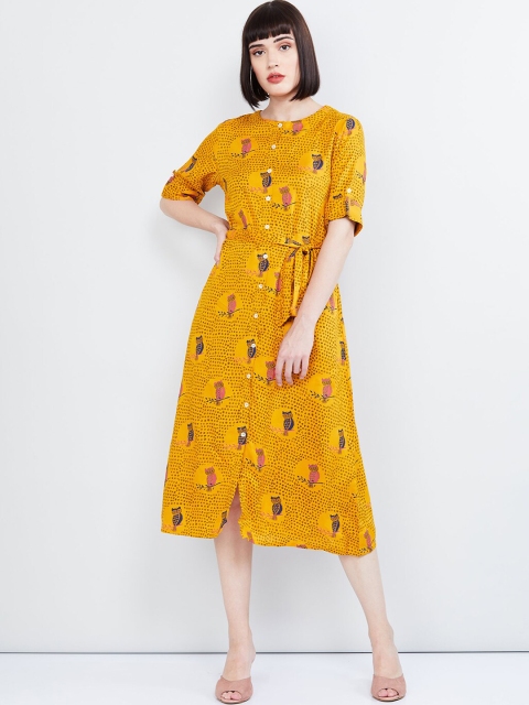 

max Women Mustard Yellow & Blue Printed Shirt Dress