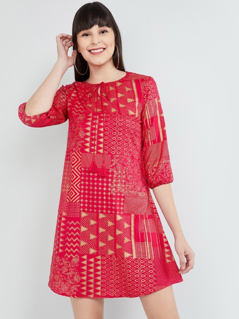 

max Women Pink & Gold-Coloured Printed A-Line Dress
