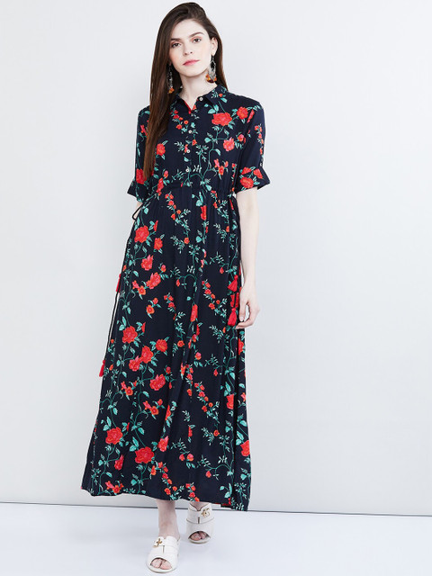 

max Women Navy Blue & Red Floral Printed Maxi Dress