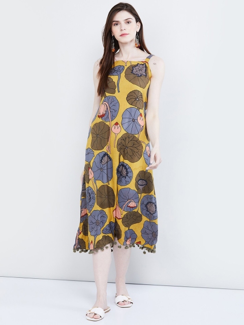 

max Women Mustard Yellow & Blue Floral Printed A-Line Dress