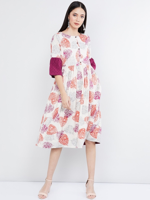 

max Women Cream-Coloured & Purple Printed A-Line Dress