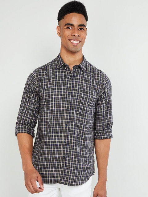 

max Men Grey & Navy Blue Slim Fit Checked Casual Shirt