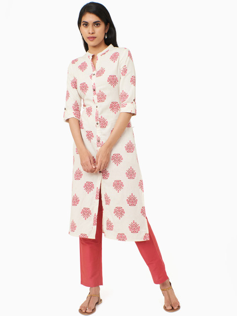 

IMARA Women Off-White & Pink Printed Straight Kurta