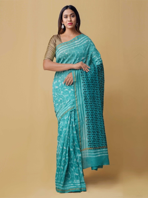 

Unnati Silks Sea Green & White Silk Cotton Dabu Printed Chanderi Saree