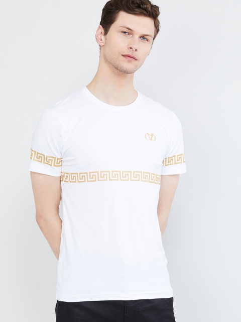 

max Men White & Yellow Printed Round Neck Slim Fit T-shirt
