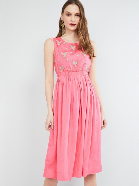 

max Women Pink & Grey Floral Embroidered Fit and Flare Dress