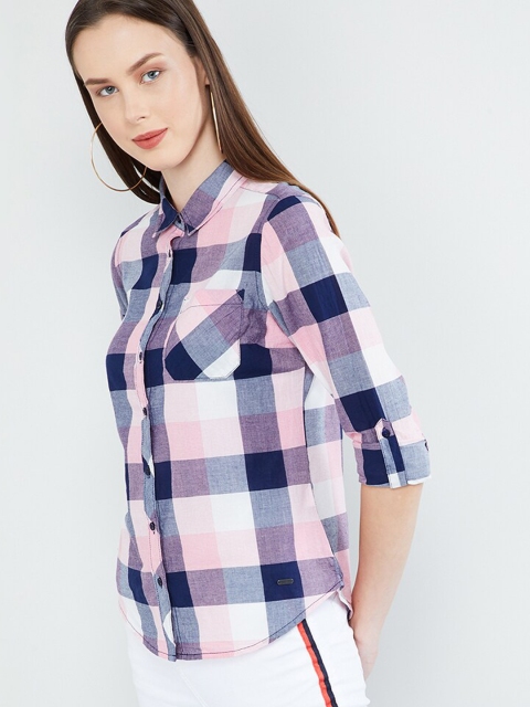 

max Women Pink & Blue Regular Fit Checked Casual Shirt
