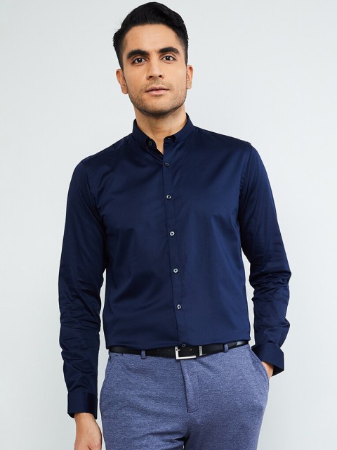 

max Men Navy Blue Slim Fit Solid Formal Shirt
