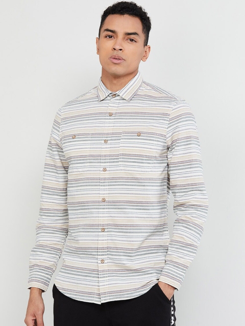 

max Men Off-White & Grey Slim Fit Striped Casual Shirt