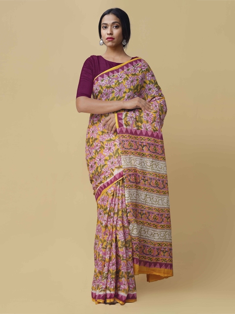 

Unnati Silks Yellow & Pink Handloom Pure Cotton Printed Saree
