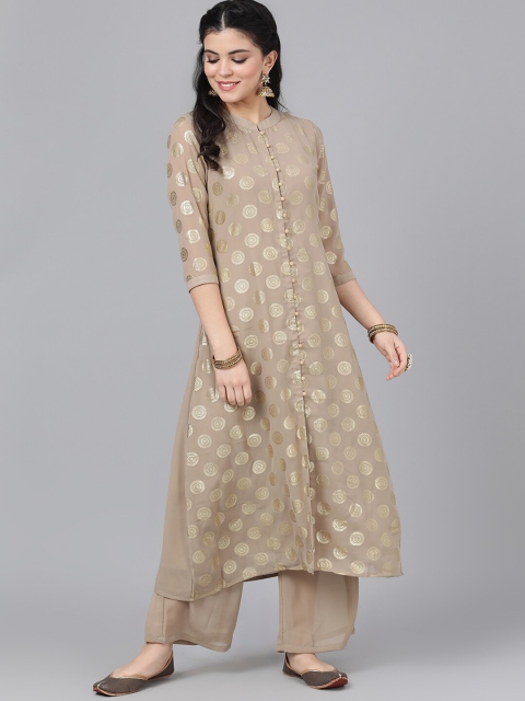 

AKS Couture Women Taupe & Gold-Toned Woven Design A-Line Kurta