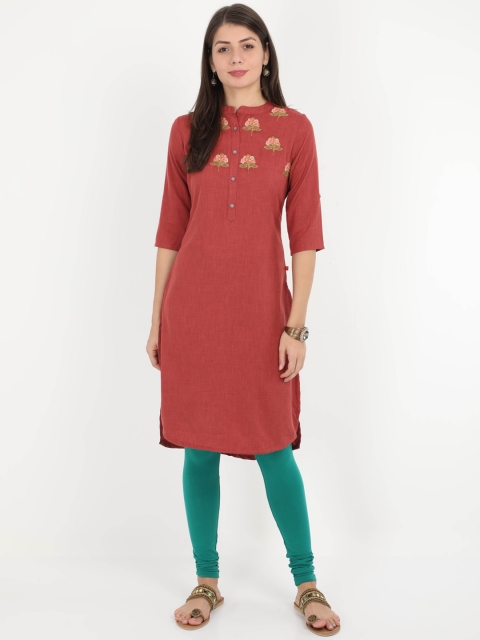 

Alena Women Red Embroidered Straight Kurta