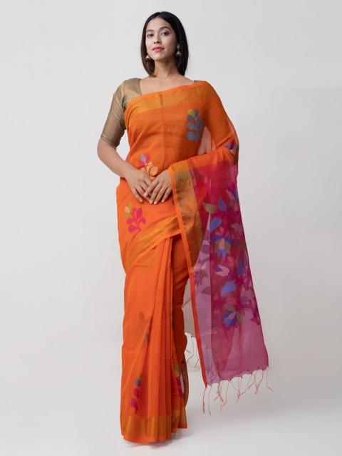 

Unnati Silks Orange Silk Cotton Printed Jamdani Saree