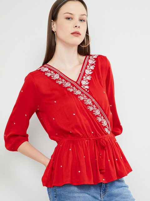 

max Women Red Embroidered Wrap Top