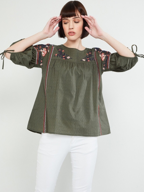 

max Women Olive Green Embroidered Top