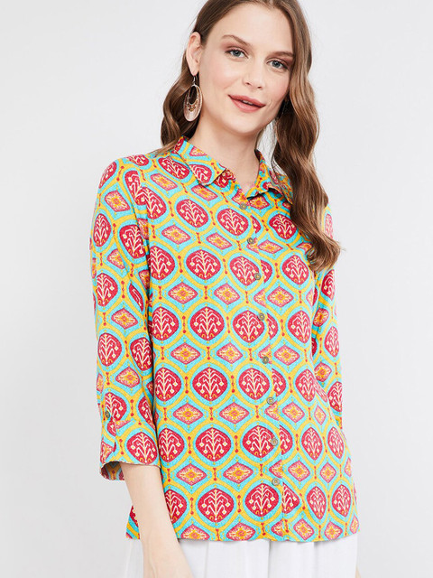 

max Women Sea Green Printed Shirt Style Top