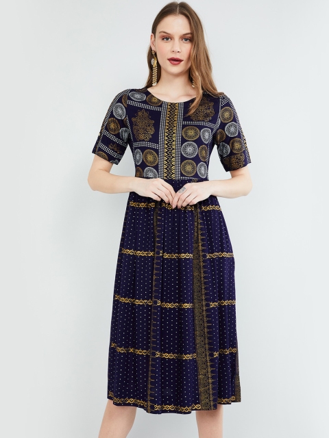 

max Women Navy Blue Printed A-Line Dress