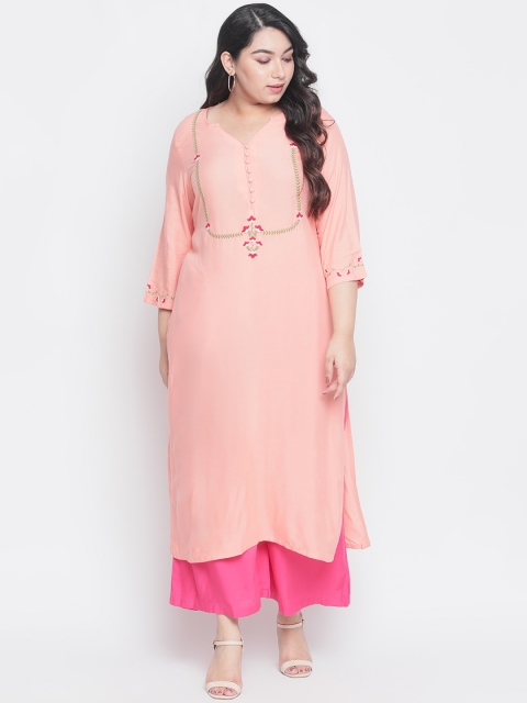 

Amydus Women Peach-Coloured Embroidered Straight Kurta