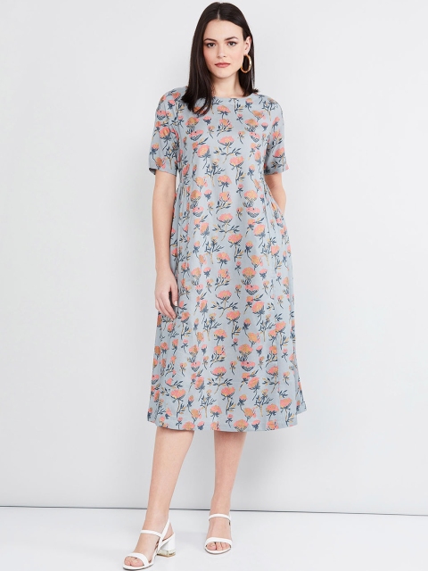 

max Women Blue & Peach-Coloured Floral Printed A-Line Dress
