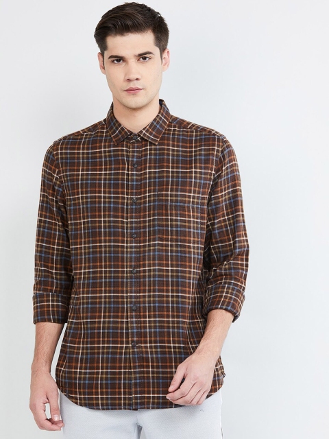 max Men Brown & Yellow Regular Fit Checked Casual Shirt