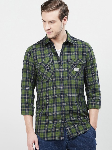 

max Men Green & Blue Slim Fit Checked Casual Shirt
