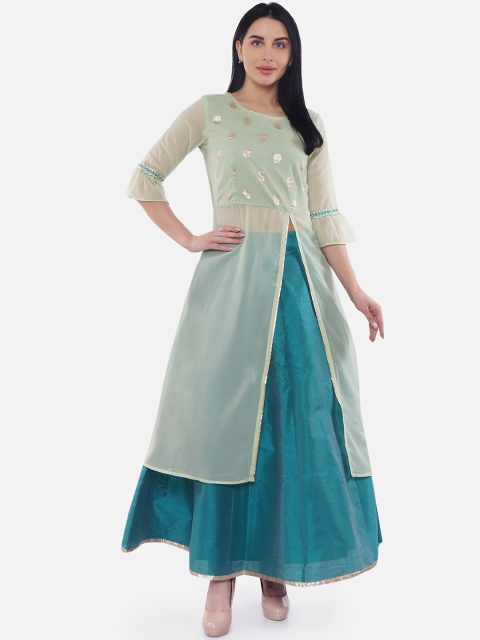 

Be Indi Women Mint Green & Gold-Coloured Brocade Semi Sheer Kurta with Skirt