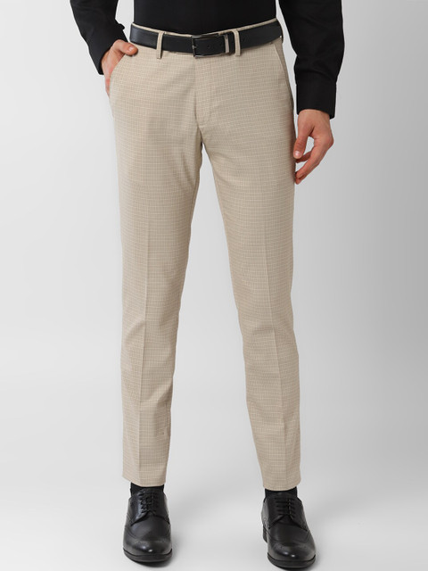 

Peter England Men Beige Skinny Fit Checked Formal Trousers