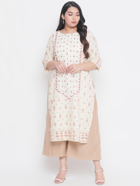 

Amydus Women Cream-Coloured & Pink Printed A-Line Kurta