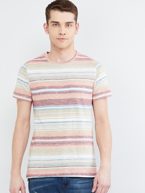 

max Men Orange & Off-White Striped Round Neck T-shirt