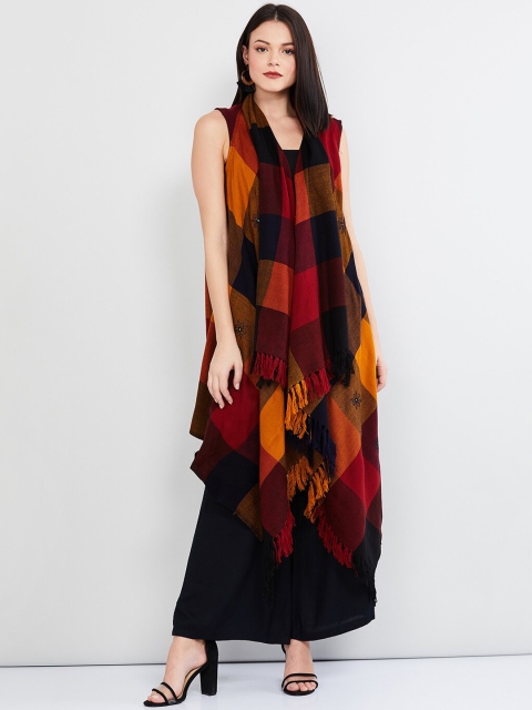 

max Women Orange & Black Checked Open Front Shrug