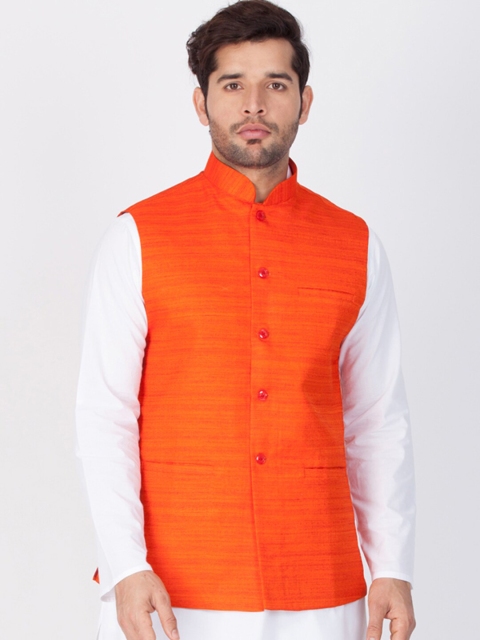 

VASTRAMAY Men Orange Woven Design Nehru Jacket