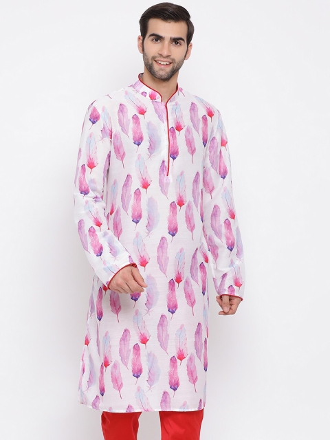 

VASTRAMAY Men White & Pink Quirky Print Straight Kurta