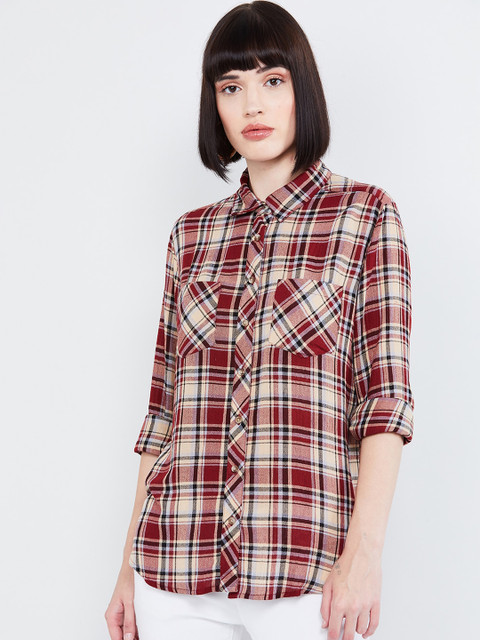 

max Women Maroon & Beige Regular Fit Checked Casual Shirt