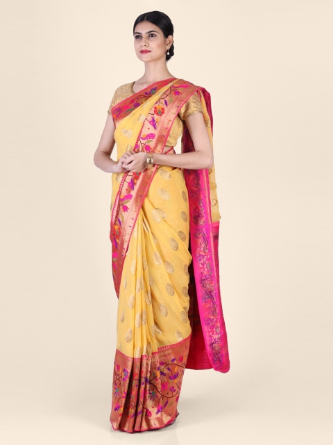 

Hastakala Yellow & Pink Pure Georgette Woven Design Paithani Saree