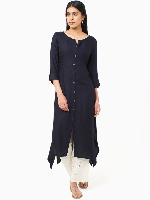 IMARA Women Navy Blue Solid A-Line Kurta