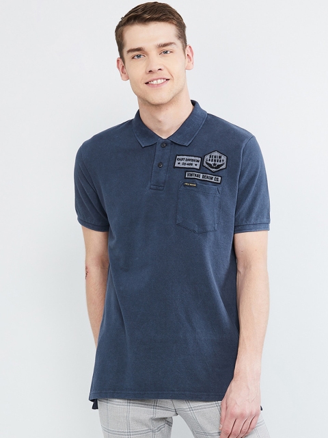 

max Men Blue Solid Polo Collar T-shirt