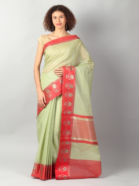 EthnicRoom Green & Red Jute Cotton Solid Banarasi Saree