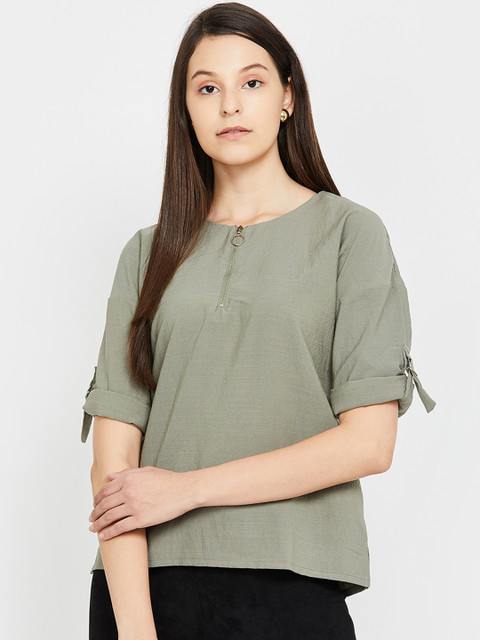 

Fame Forever by Lifestyle Women Olive Green Solid Pure Cotton Top