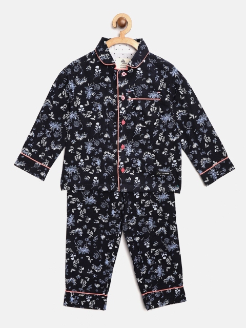 

Cherry Crumble Girls Navy Blue & White Printed Night Suit