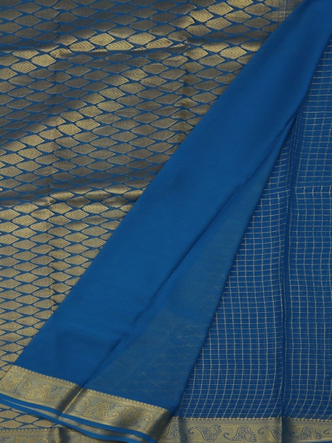 

Pothys Blue & Gold-Toned Pure Georgette Checked Saree