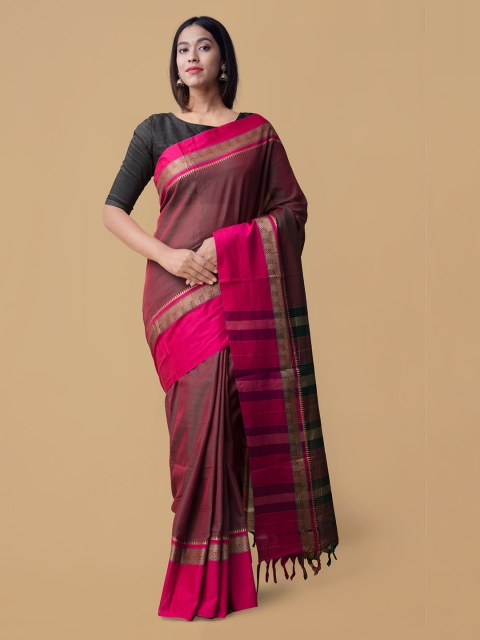 

Unnati Silks Pink & Green Pure Cotton Solid Narayan Peth Saree