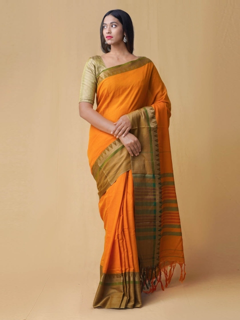 

Unnati Silks Orange & Green Pure Cotton Woven Design Narayan Peth Saree