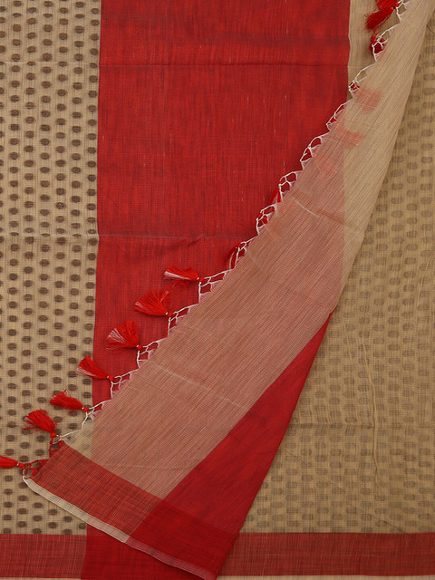 

Pothys Cream-Coloured & Red Supernet Woven Design Saree