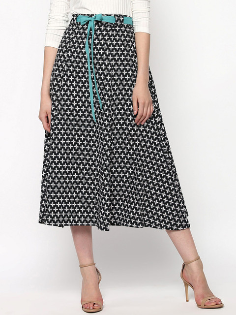 

DIVA WALK EXCLUSIVE Black Printed Flared Belted Midi Skirt
